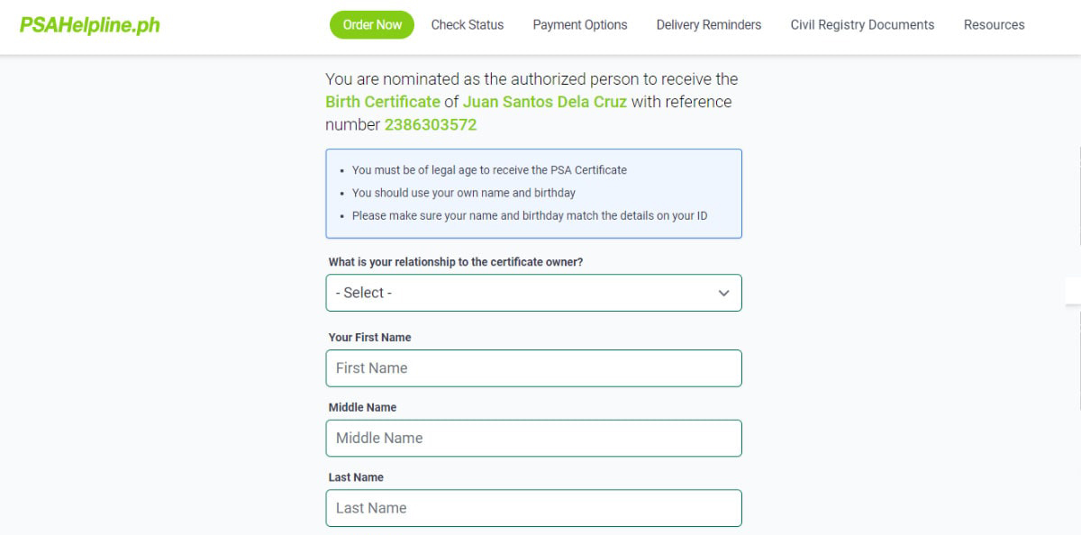 Authorized representative to receive orders from PSAHelpline.ph